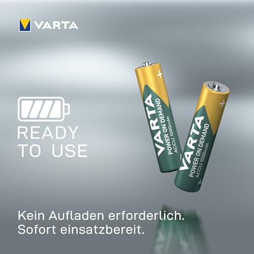 VARTA Batterien AAA, wiederaufladbar, 4 Stück, Power on Demand Recharge Accu, Akku, 1000 mAh Ni-MH, ohne Memory Effekt, vorgeladen, sofort einsatzbereit