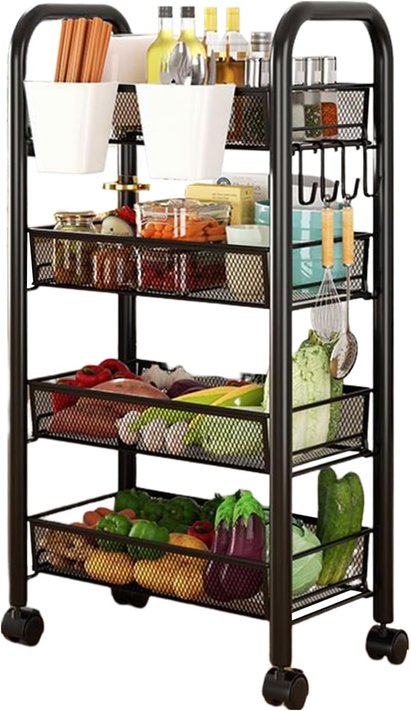 Fruit Vegetable Storage Basket, 3/4/5 Tier Stackable Metal Mesh Storage Basket, Vegetable Storage Stand Cart with 360 Degree Wheels, Metal Wire Storage Baskets for Kitchen, Pantry, Bathroom