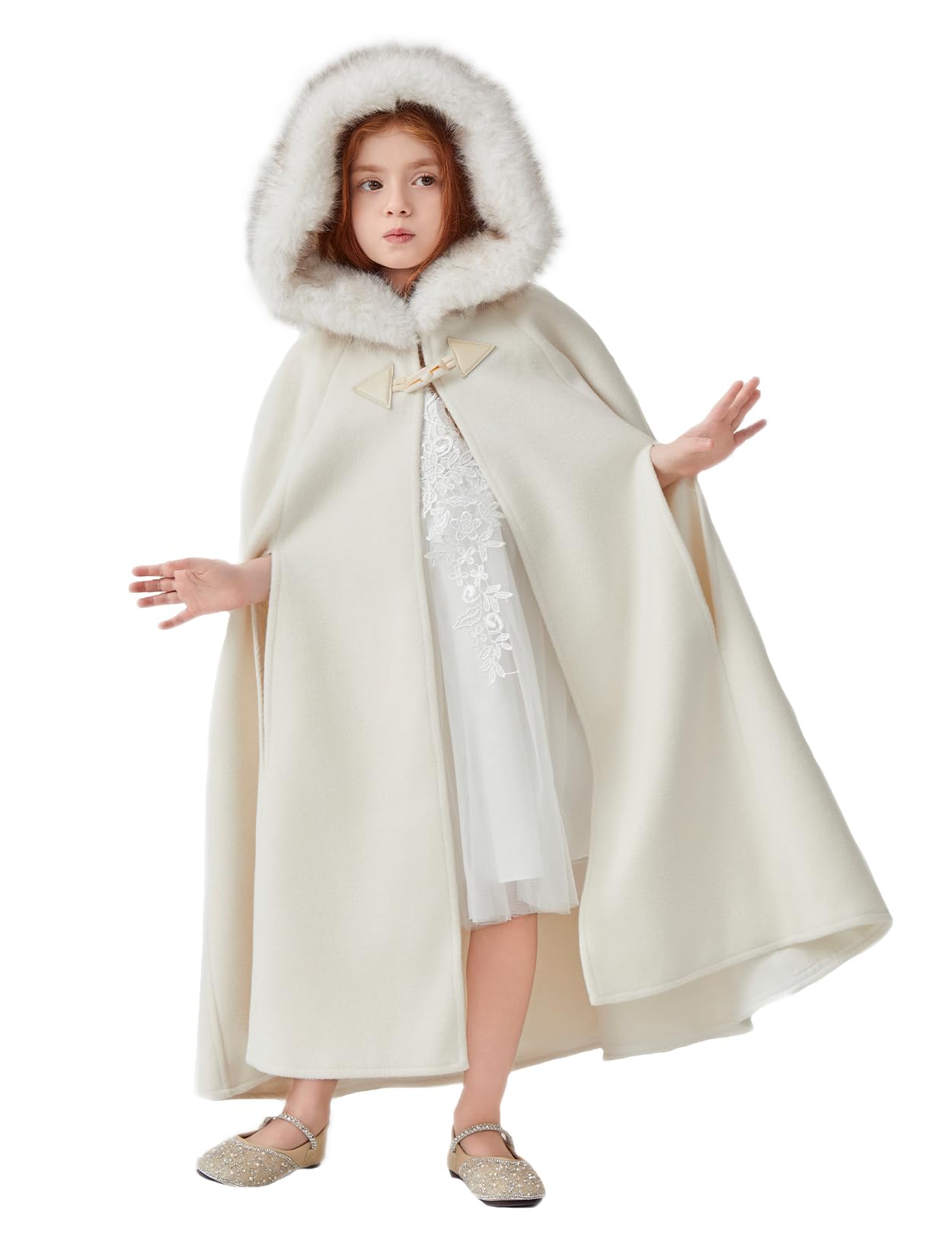 BEAUTELICATE Capa con Capucha Infantil para Niña Ideal para Bodas Fiestas de Invierno Navidad y Cospaly Disfraces Disponible de 2 a 16 Años,Marfil