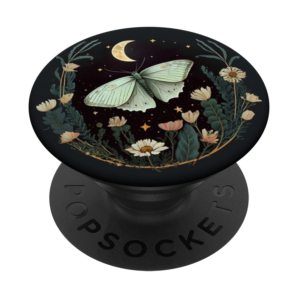 Aesthetic Dark Gift Ideas Cottagecore Celestial Luna Moth Moon Butterfly PopSocket Adhesive Phone Grip Stand - Black