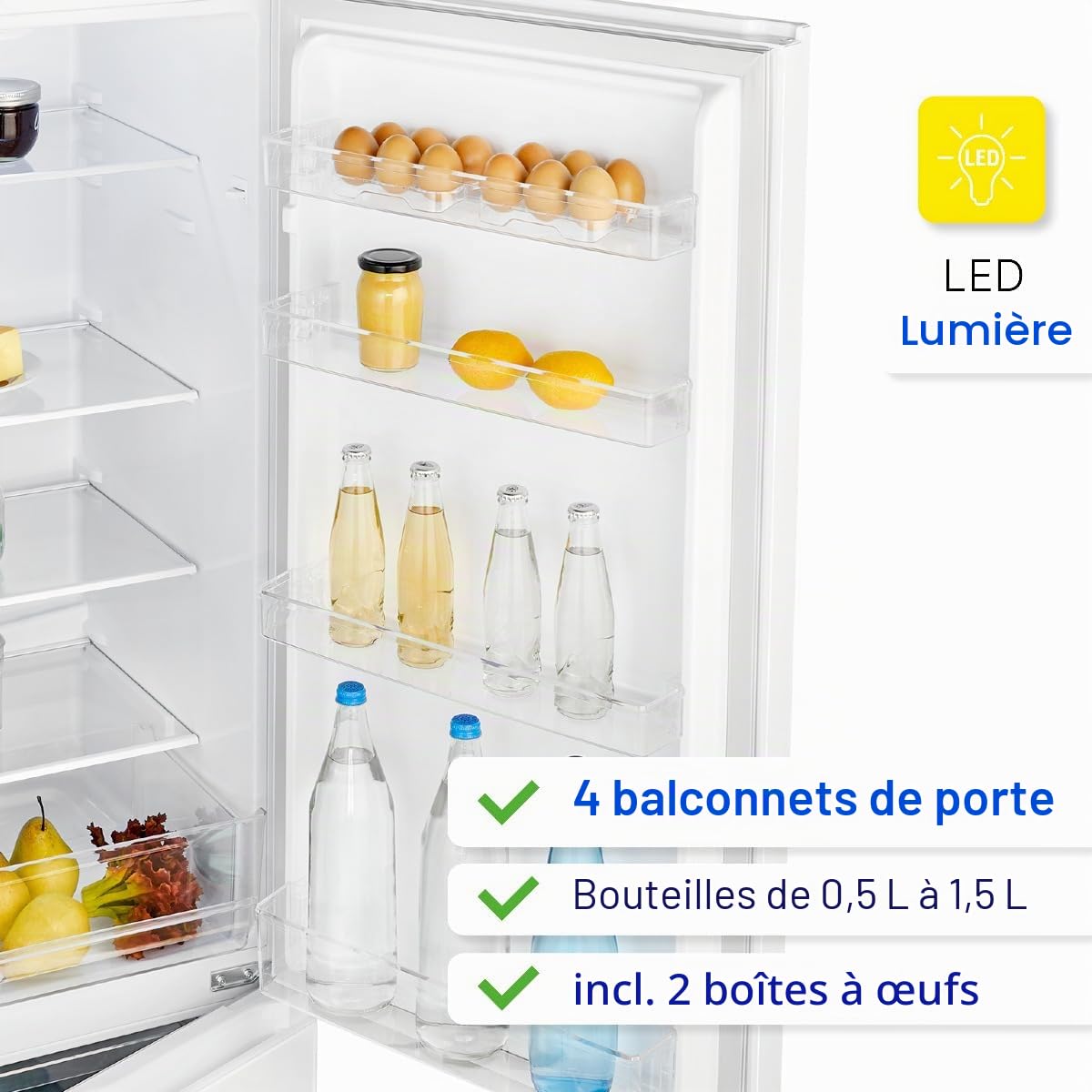 Bomann Réfrigérateur et congélateur 269L blanc KG184-1-inox/blanc, Capacité nette : 269 litres, Contrôle de la température en continu, Charnières de porte à droite, interchangeables