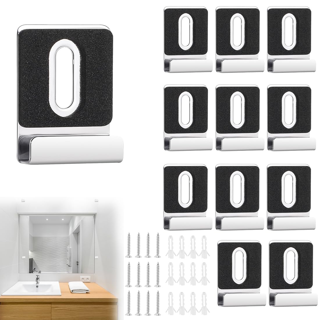 12 Pezzi ganci per specchio a muro, Supporto Specchio, Ganci per Quadri, Acciaio Inossidabile Clip di Fissaggio Pesanti, Quadrato Gancio Porta Specchio, con Tubo di Espansione e Viti(Argento)