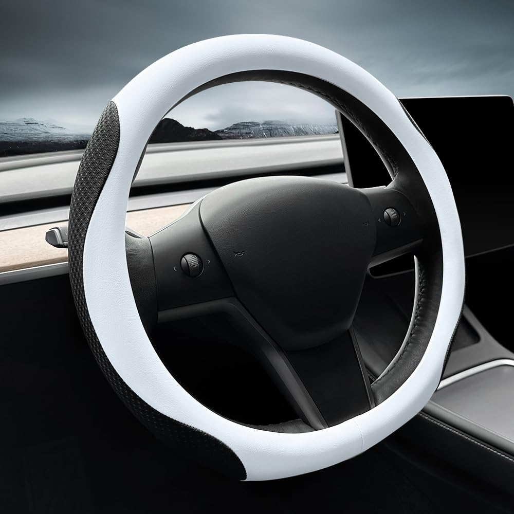 LKWLIKEI Nappa Leather Ultra-Thin Steering Wheel Cover, for Tesla Model 3/Y Steering Wheel Cover, Non-Slip Design and Interior Modification of car Accessories （White）