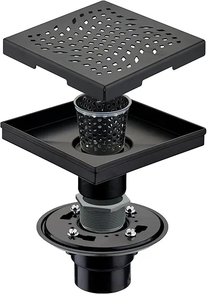 Matte Black Shower Drain with Flange, HIDROP SUS 304 Stainless Steel 6 inch Square Shower Floor Drain with Removable Hair Strainer…