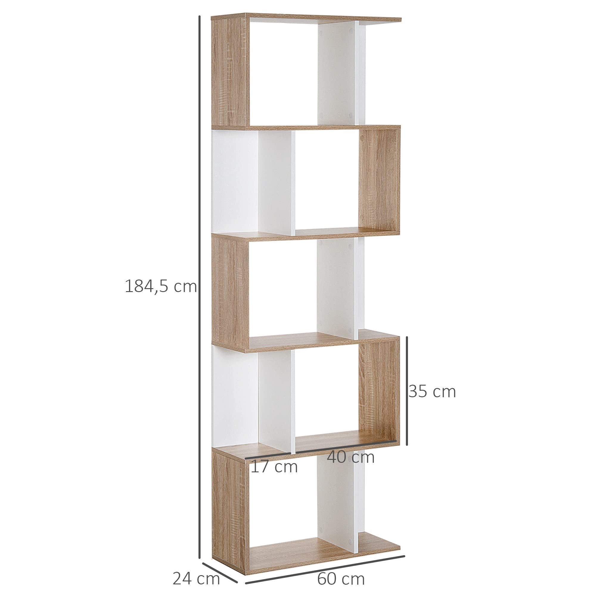 HOMCOM Bibliothèque à 5 Niveaux Forme S 60 x 24 x 184,5 cm Blanc | Meuble de Rangement avec Étagères, pour Salon Chambre Bureau, Étagère de Rangement, Bois de Chêne