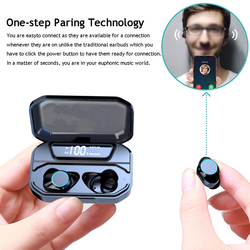 Deporte Auriculare Bluetooth 5.0 con Micrófono, Impermeable Auricular Inalámbrico HiFi Mini Twins Estéreo In-Ear Bluetooth con Caja de Carga Portátil, IPX6 HiFi, Black