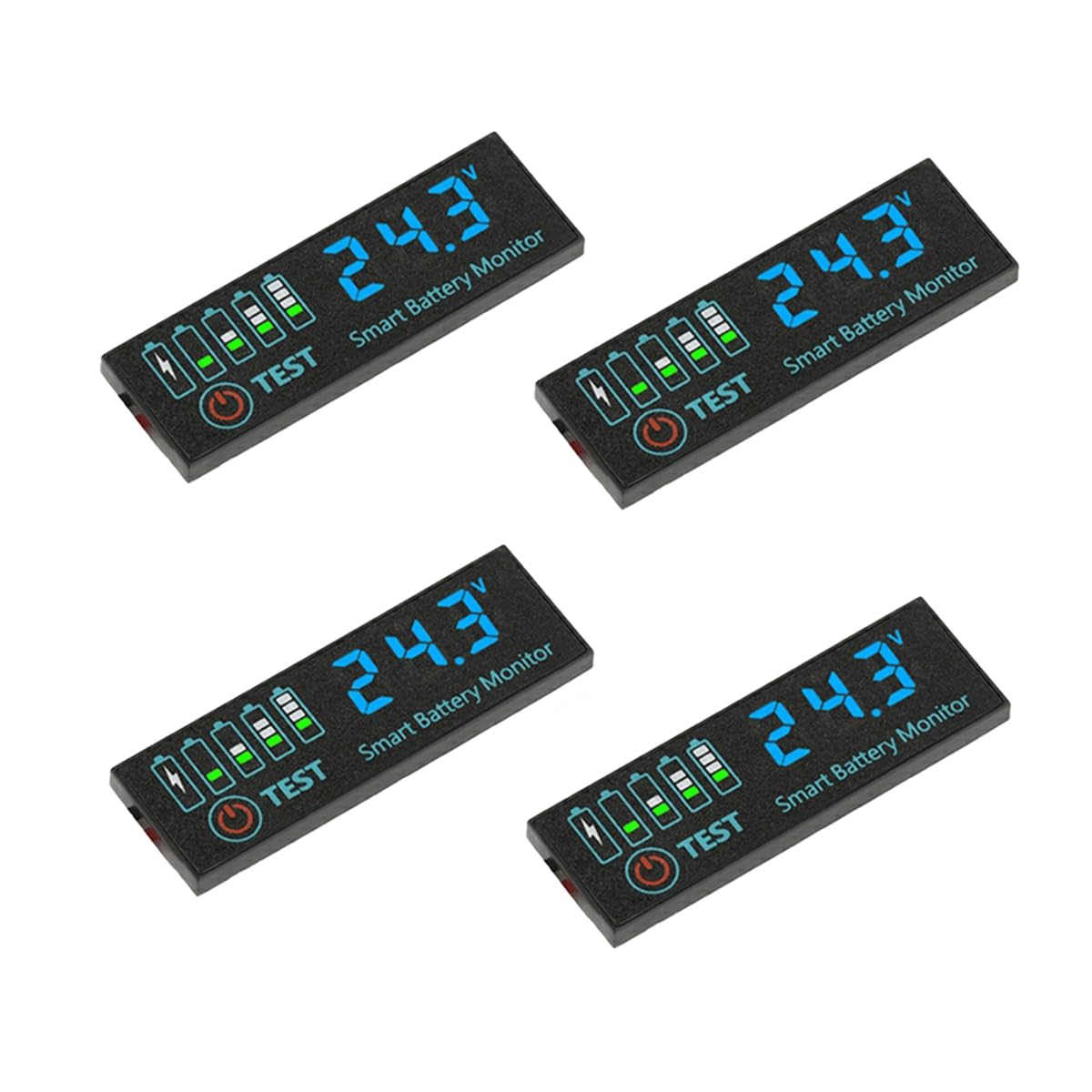 4-Pack Blue LED Battery Voltage Tester Module, 7-55V DC Battery Capacity Monitor for Lithium/LiFePO4/Lead-Acid, Customizable Voltage, Backlight Timer