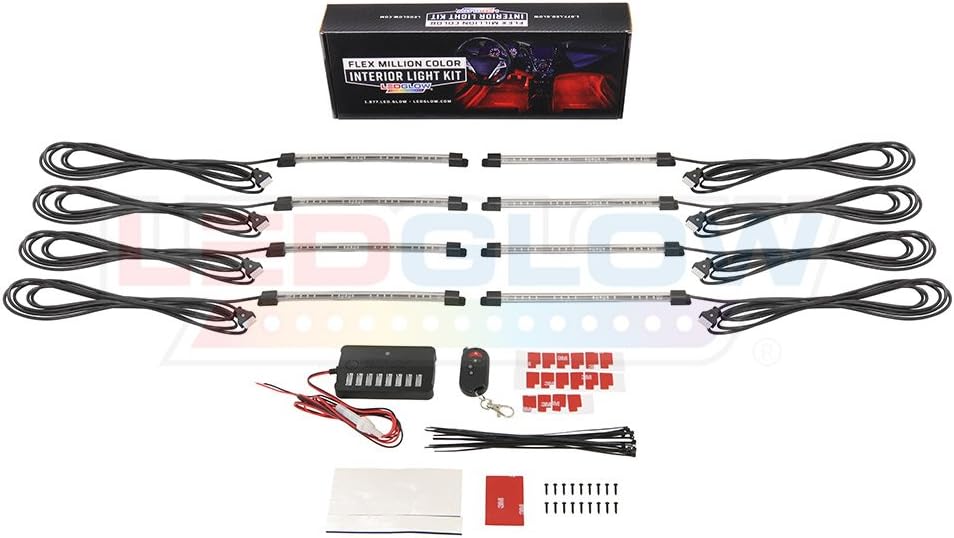 LEDGlow 8pc Flexible Million Color Multi-Color LED Interior Footwell Underdash Neon Lighting Kit for Cars & Trucks - 15 Solid Colors - 10 Unique Patterns - Music Mode - Includes Control Box & Remote
