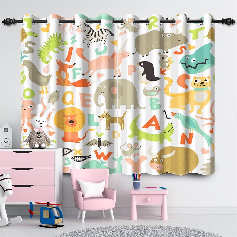 168x229cm Cortinas de Animales de Dibujos Animados Safari Hippo Elephant Cat ABC Alphabet Cortinas zoológico Estampado Cortinas Infantiles Decoradas con Cortinas sombreadas, 2 Piezas
