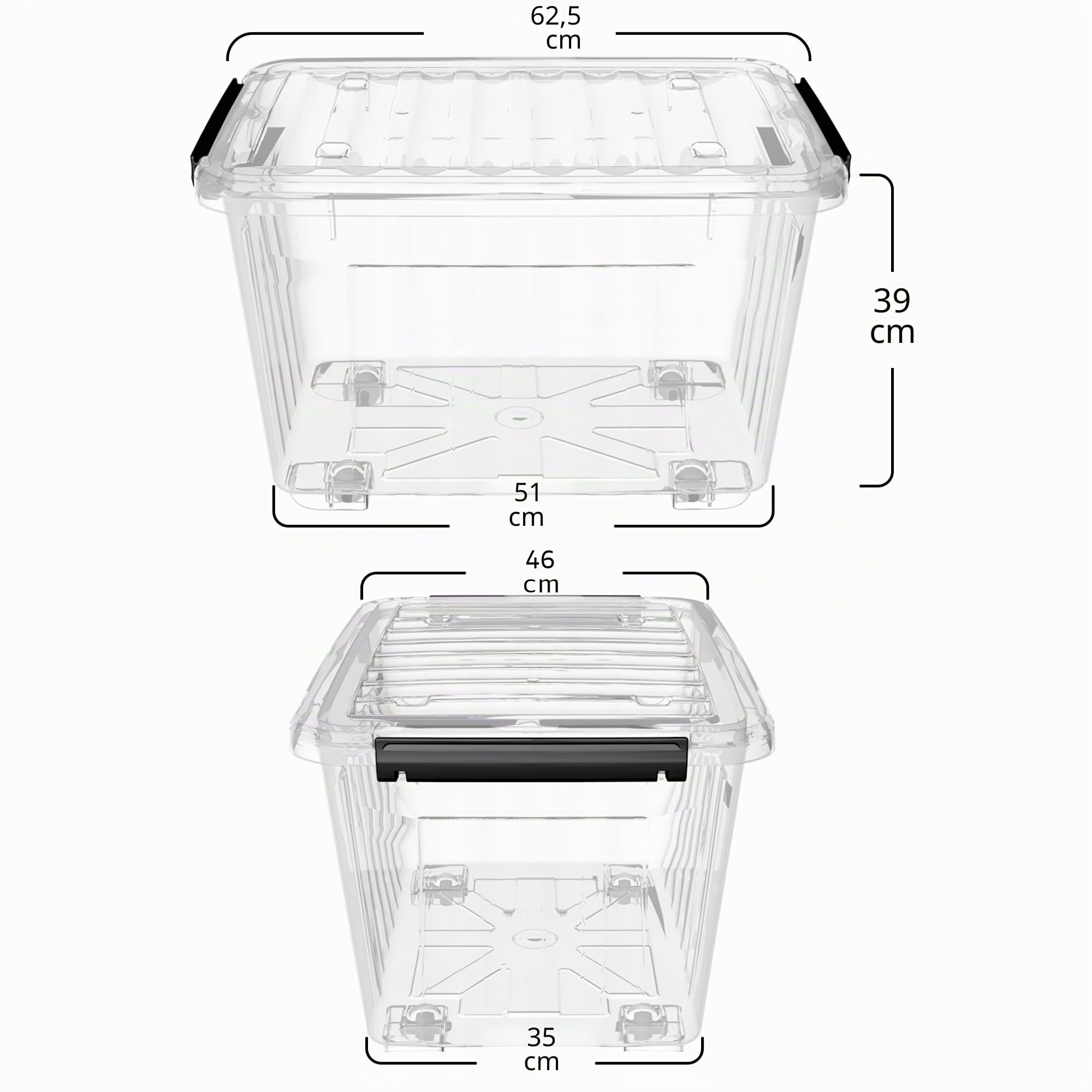 Cetomo 80L*6 Boîtes de Rangement avec Couvercles, Boîte de Rangement en Plastique avec Clips et Roulettes, Empilables, Encastrables, pour Placard de Bureau à Domicile, Transparent, 80L, Lot de 6