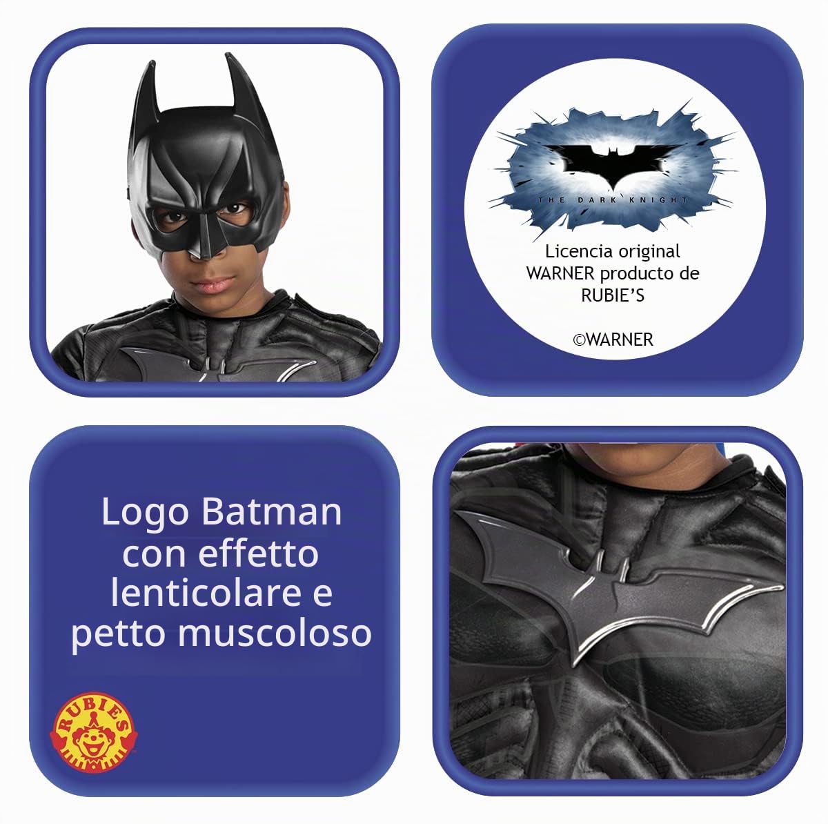 Rubie's, Costume Batman Black Line Bambino, Ideale per Halloween, Carnevale e Feste in Maschera, Comprende Tuta con Petto Muscoloso, Mantello e Maschera