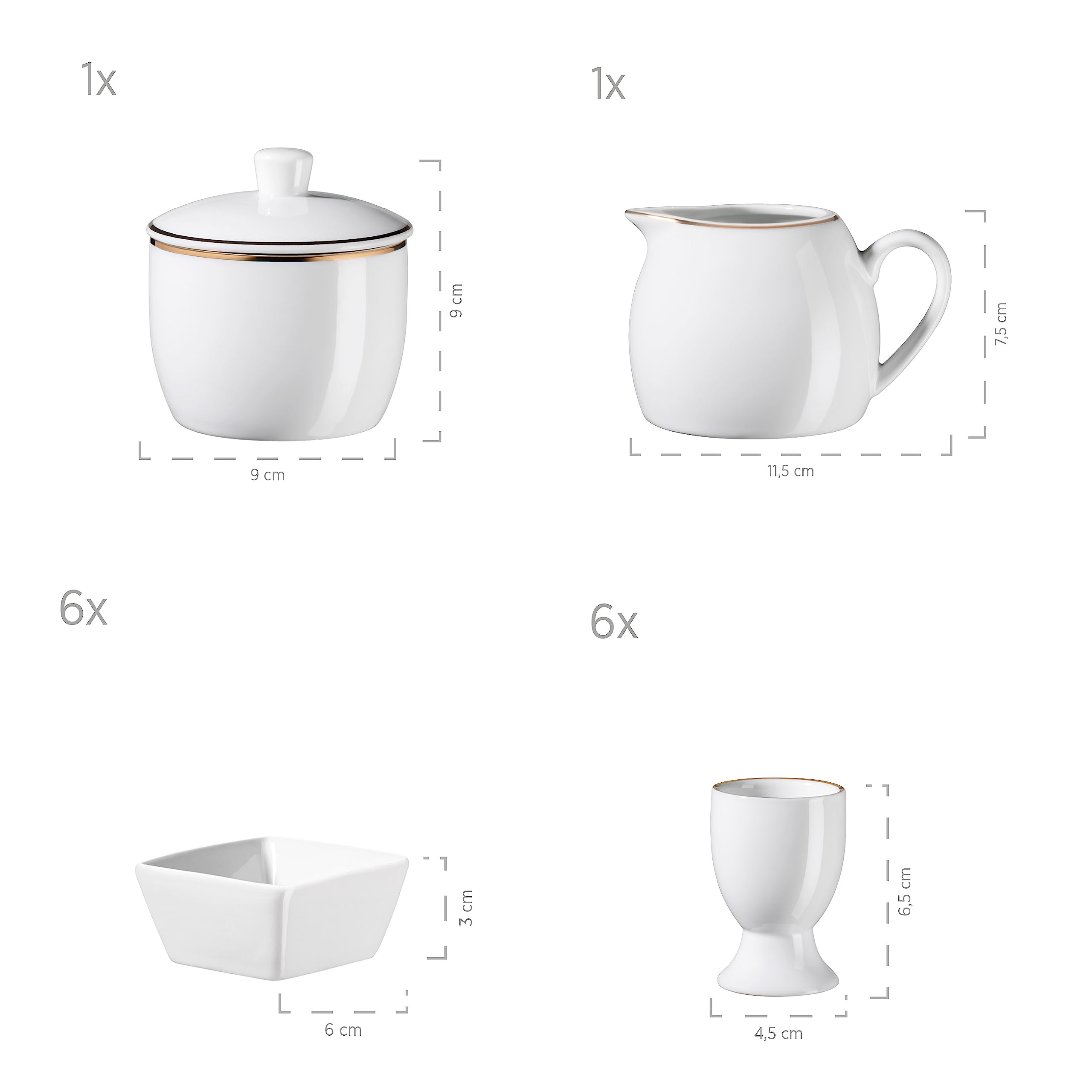 MÄSER 931735 Serie Professional Dining Zubehör Set aus Müslischalen, Eierbechern, Schüsseln, Zuckerdose, Milchkännchen, Dipschälchen und Servierplatten, 24-teilig, Weiß mit Goldrand, Porzellan