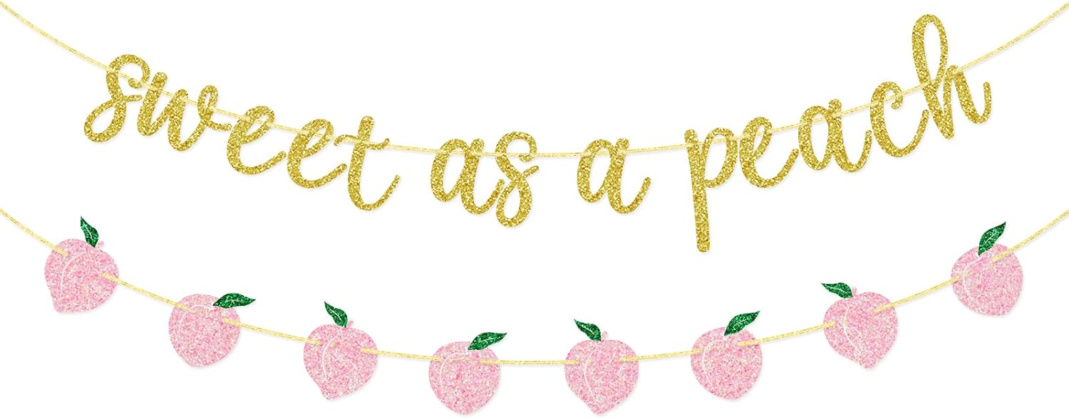 Sweet as a Peach Glitter Banner, Baby Shower Garland, Peach Party Decorations, 1st Birthday Nursery Pre-Strung Bunting Sign (Gold and Pink)