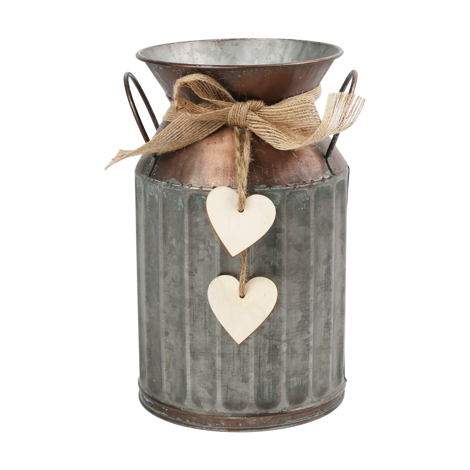 Shabby Chic Classy Designed Brown Milk Can Heart-Shaped Galvanized Finish Metal Vase Country Rustic Primitive Decorative Flower Holder, 8.4" H