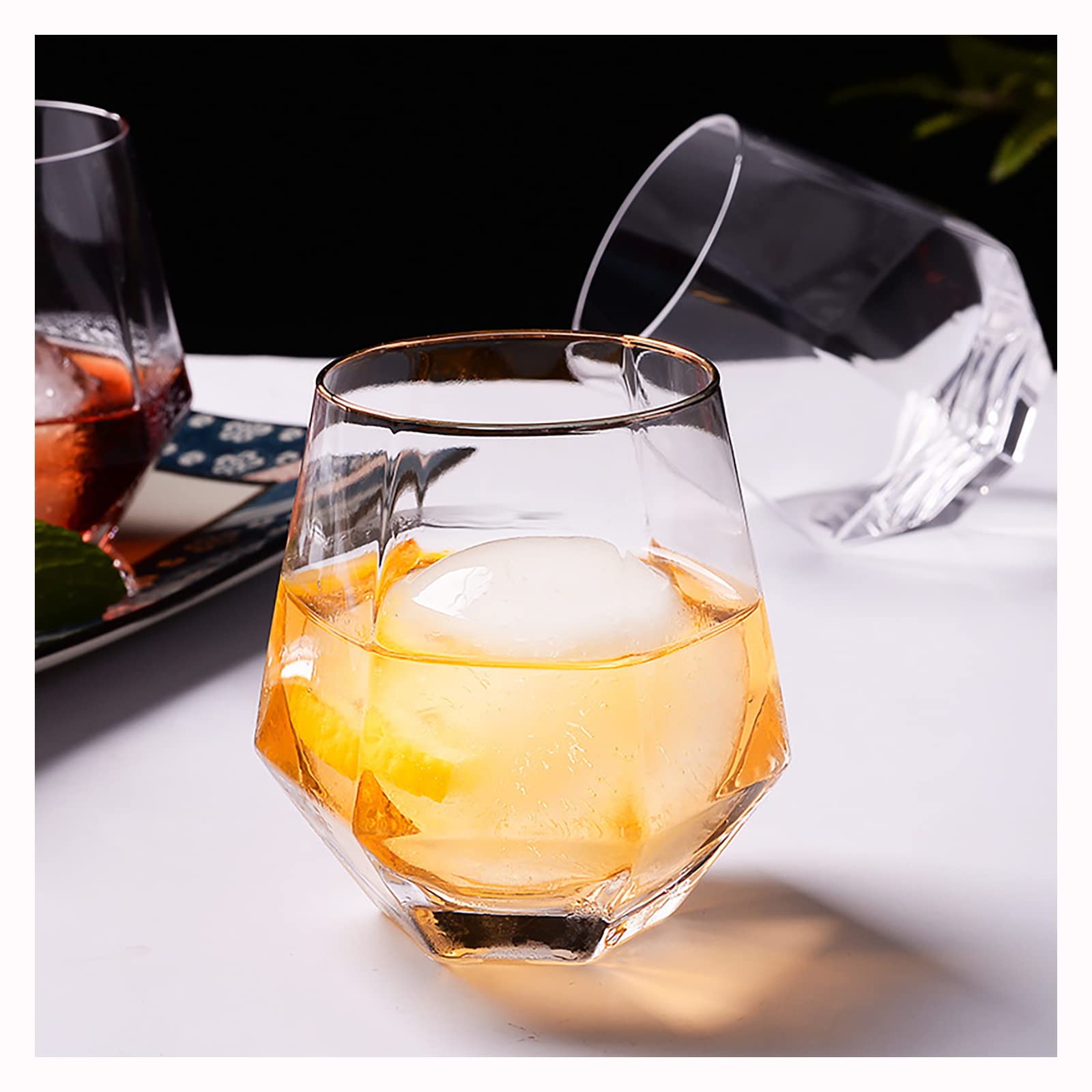 XKXKKE Diamant-Weingläser, 6 Stück, 284 ml, moderne Stiellose Glasbecher mit Goldrand, klare Trinkgläser zum Servieren von Partys, Zuhause, Bar, Restaurants, transparent, 6 Stück