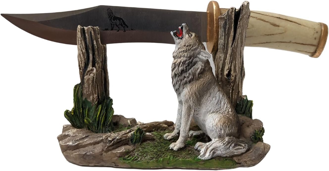 Decorative Hunting Blade Knife with Wolf Display Stand - Hunting Cabin Home Decoration