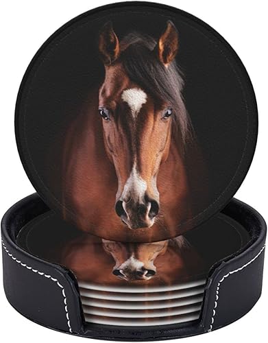 Famame Posavasos de cuero de caballo marrón para bebidas con soporte, juego de 6 posavasos de mesa para beber, sala de estar, cocina, decoración de