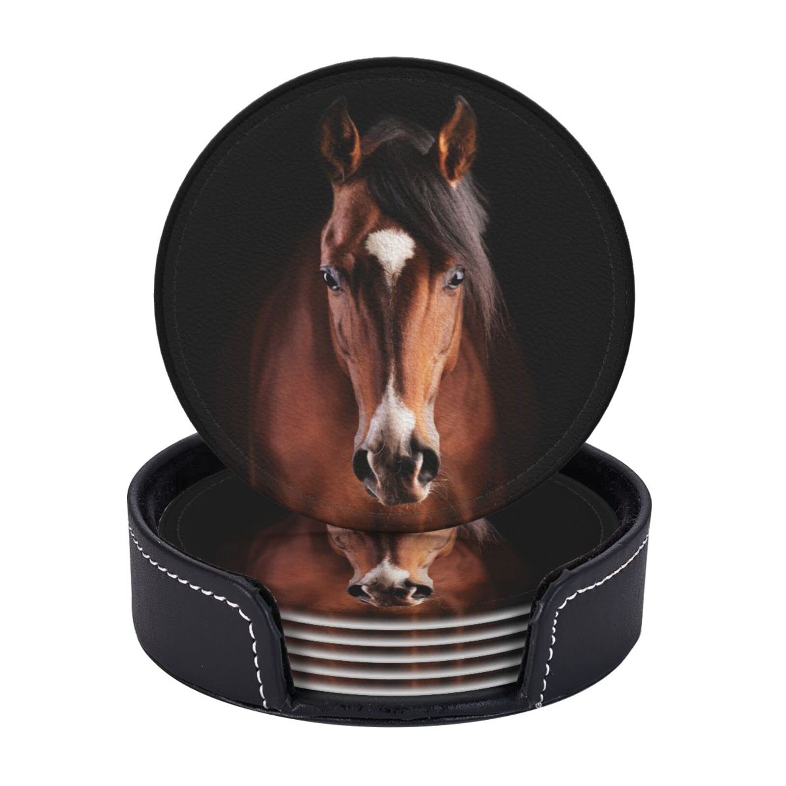 Famame Handsome Brown Horse Leather Coasters for Drinks with Holder Coaster Sets 6 Pcs Drink Table Cup Coasters for Living Room Kitchen Coffee Decor