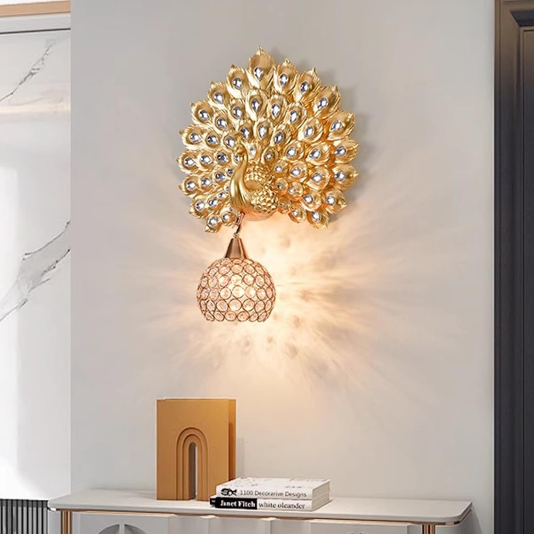 HPTHLY Vintage Crystal Peacock Wall Sconces -D Antique Brass Finish Resin Wall Light Fixture For Living Room, Dining Room, Hallway - Elegant Home Decor Light