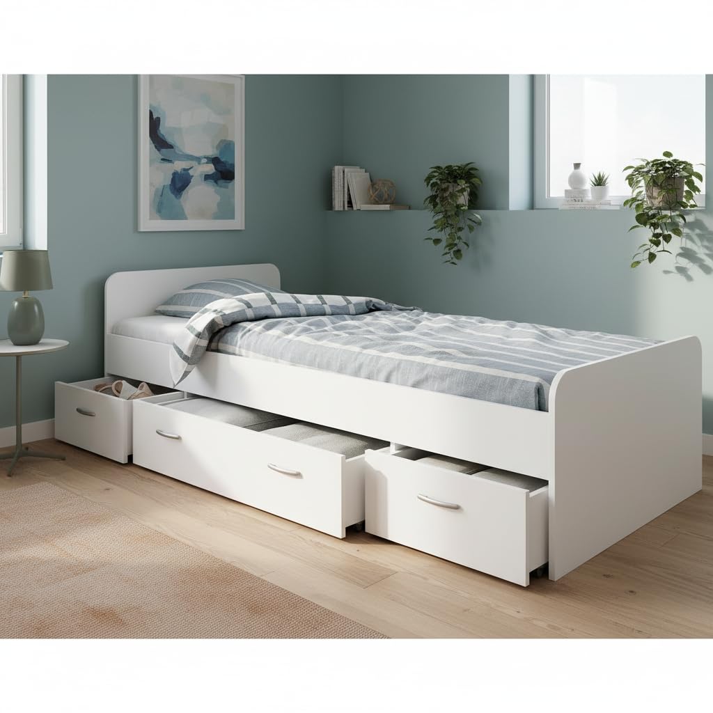 Boro Modernes Einzelbett mit 3X Schubkästen 90 x 200 cm - Praktisches Jugendzimmer Kojenbett in Weiß - 95 x 66 x 204 cm (B/H/T)