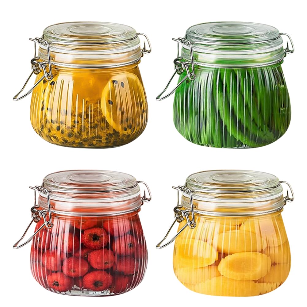 4 Bocaux En Verre 500 Ml Hermétiques. Boite Avec Fermeture En Acier