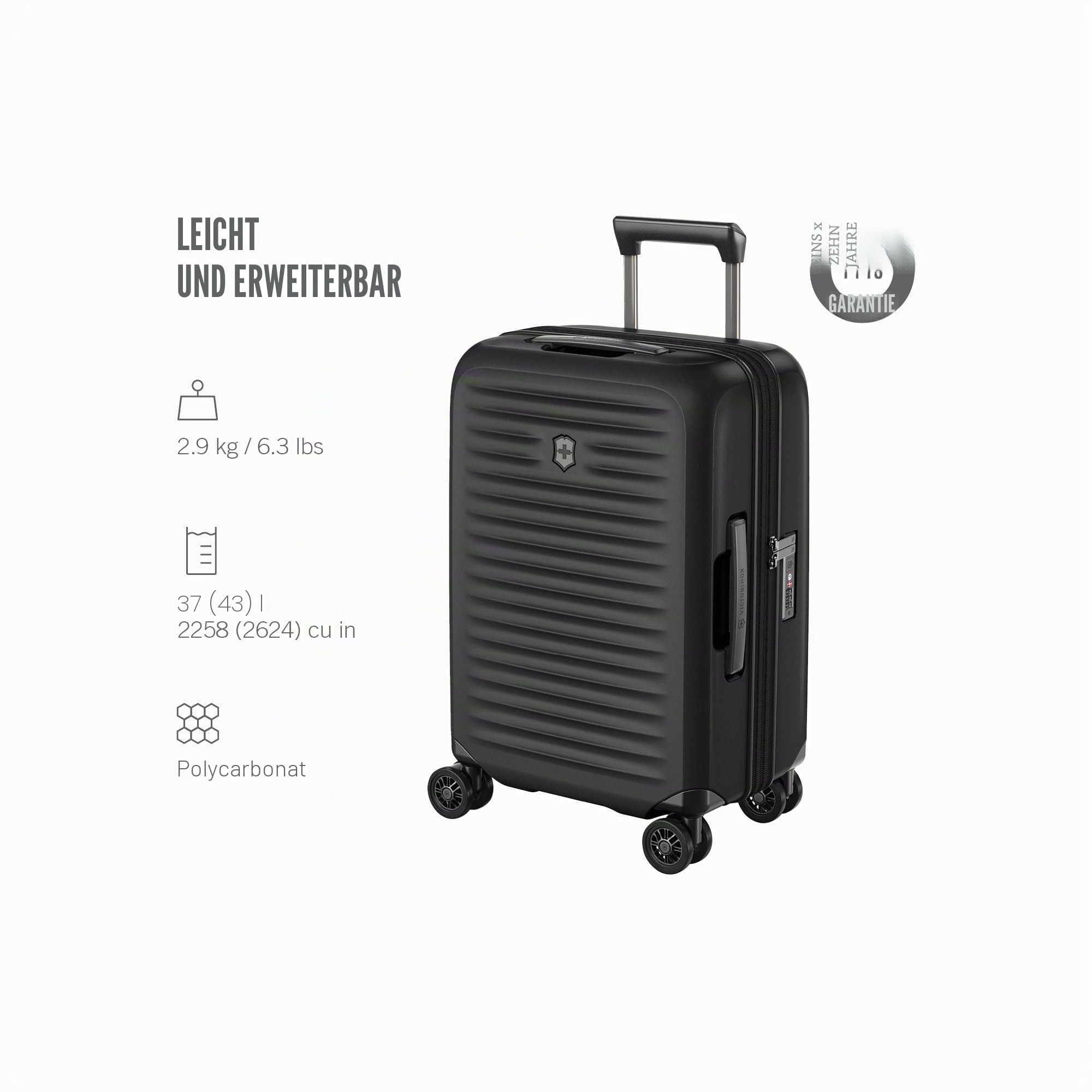 Victorinox Airox Advanced Frequent Flyer Hardside Carry-On, Handgepäcktrolley, Leicht, Damen/Herren, 35 x 23 x 55 cm, 37 l, Erweiterbar, Schwarz