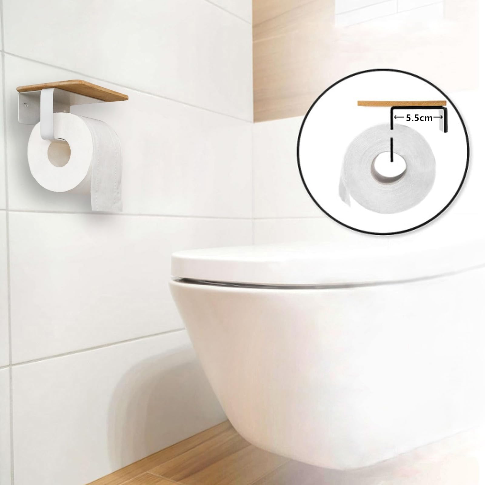Porte Rouleau Papier Toilette Adhesif sans Percage Derouleur WC Murale avec Étagère en Bambou 2 en 1 Support Papier Toilette Mural avec Perçage Blanc