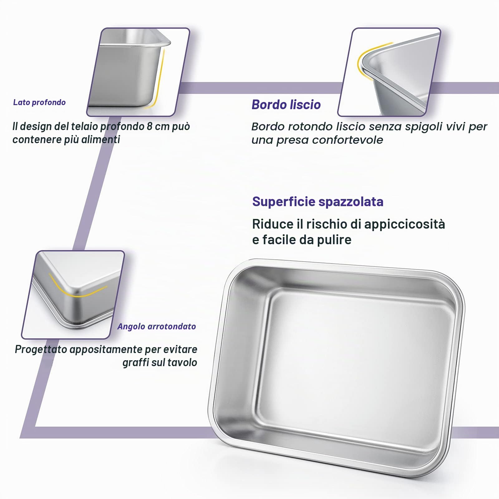 Homikit Set di 2 pirottini rettangolari in acciaio inox per dolci, 27 x 21 x 8 cm, ideali per lasagne, careni, brownie, resistenti e lavabili in lavastoviglie