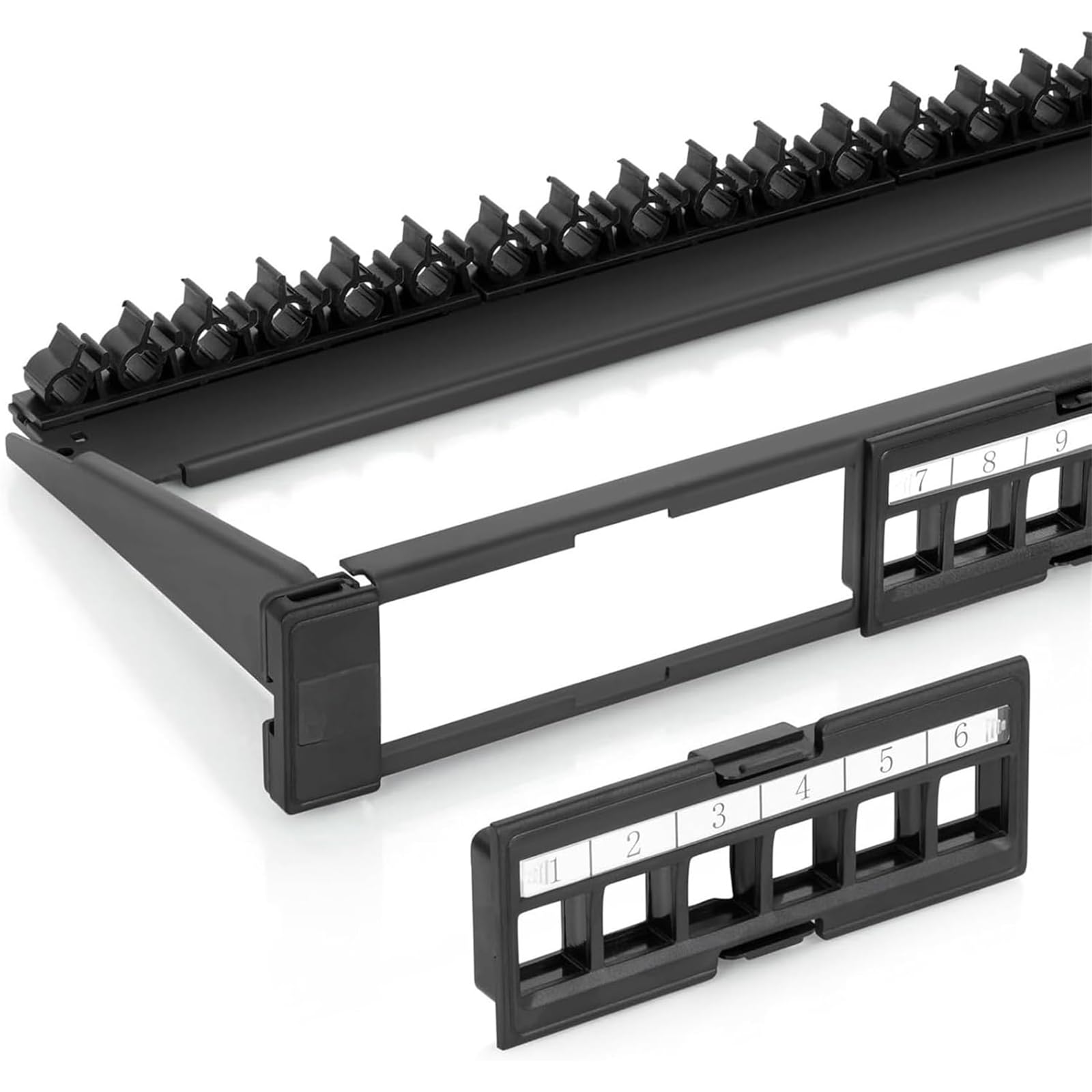 THE WHITE SHOP 24 Port Patch Panel Use with Slim Profile Keystones ONLY (Wider Jacks May not fit Side by Side) Snap-in Design with Adjustable Rear Cable Management Bar for RJ45 HDMI Coax Speaker