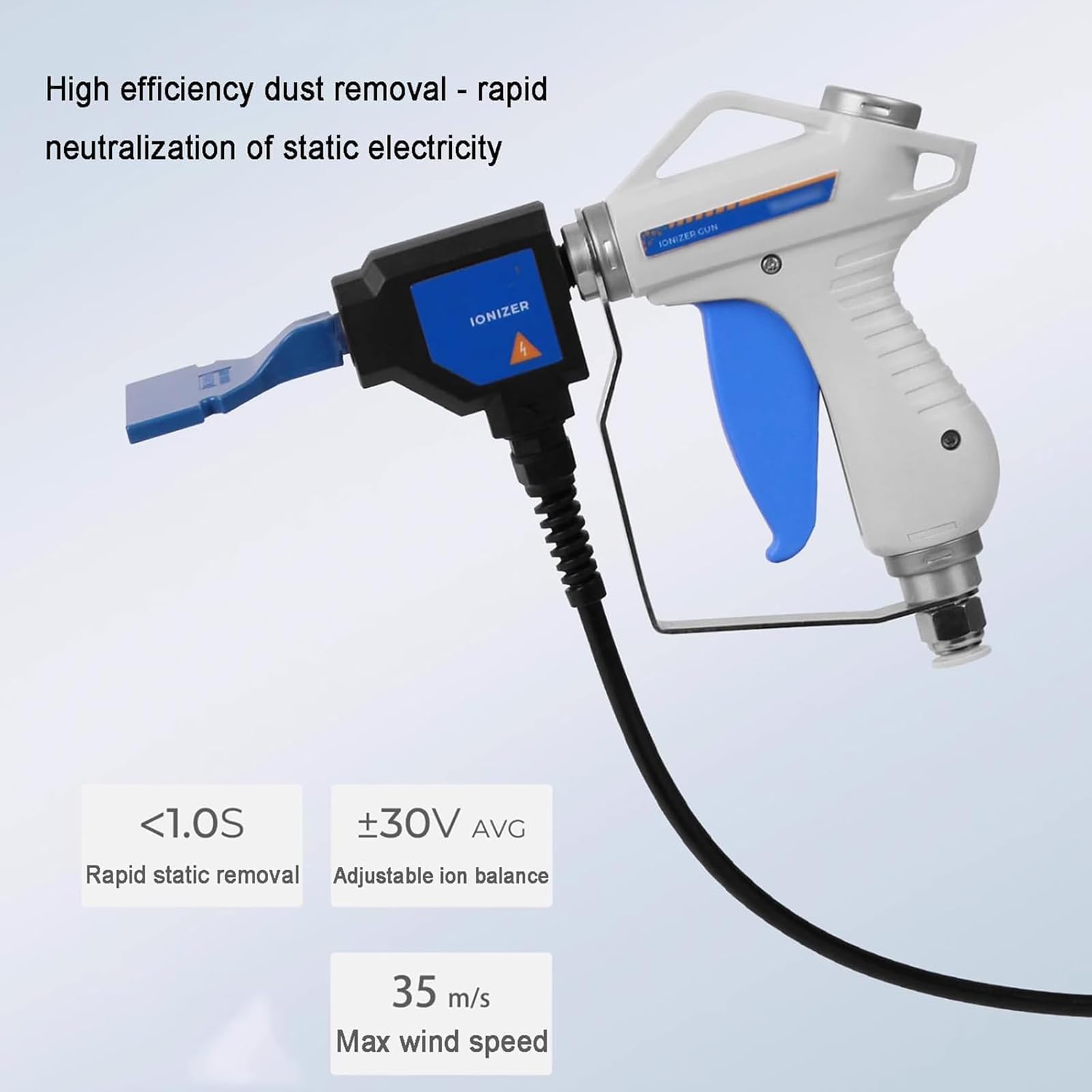 Antystatyczny pistolet pneumatyczny – jonizujący pistolet pneumatyczny z generatorem wysokiego napięcia 6 kV, regulowany balans jonowy, szybka destycyzacja do przemysłowej eliminacji elektrostatycznej