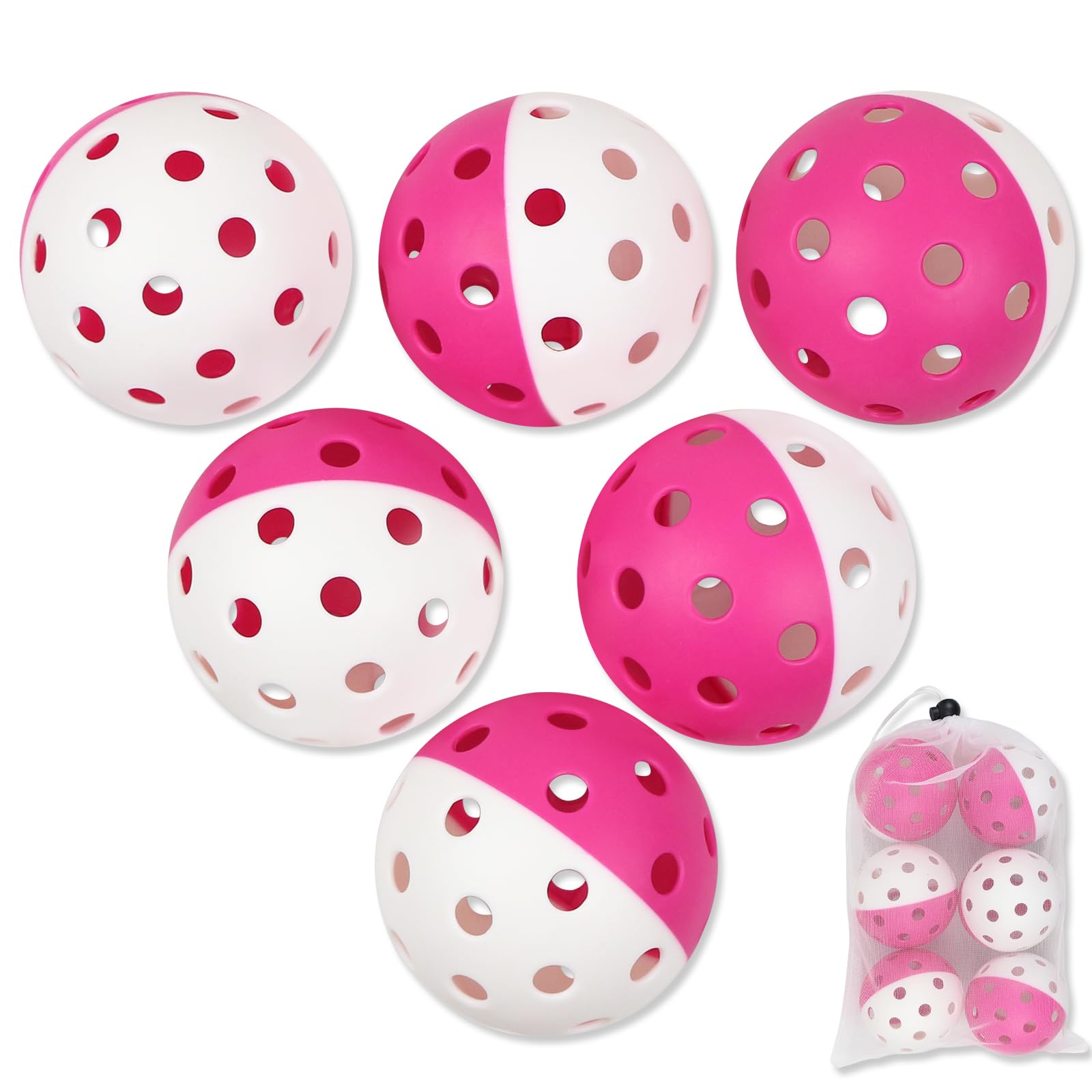 Amoswiz Pickleball Balls, 6 Pack of Indoor & Outdoor Pickle Ball Set, 2 Tone Pickle Balls Set, High Visibility Durable Pickleballs for Training and Tournament, Mixed Color Pink and White