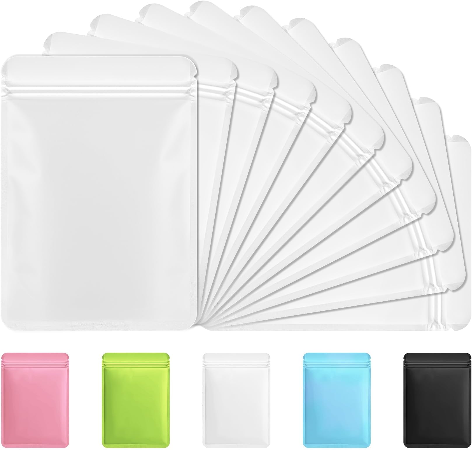 Funfery 100 Pack White Mylar Packaging Bags Resealable Bags Double Sided Color Odor Proof Pouch Baggies Smell Proof Foil Bag for Food Storage,Small Business(White,7x10inch)