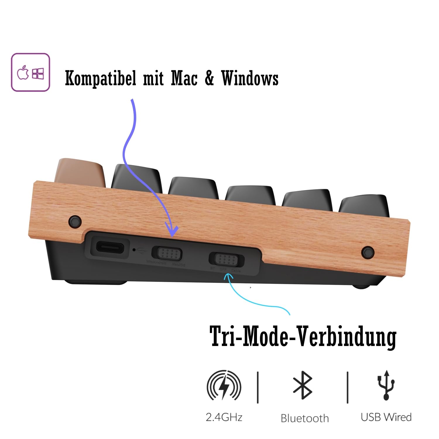 Keychron K2 HE TKL DE-ISO Layout Wireless Mechanische Tastatur mit Magnet-Schaltern & Hot-Swap - Bluetooth/2.4GHz/USB-C, RGB-Beleuchtung QMK-Programmierung für Mac/Win, Holzdesign