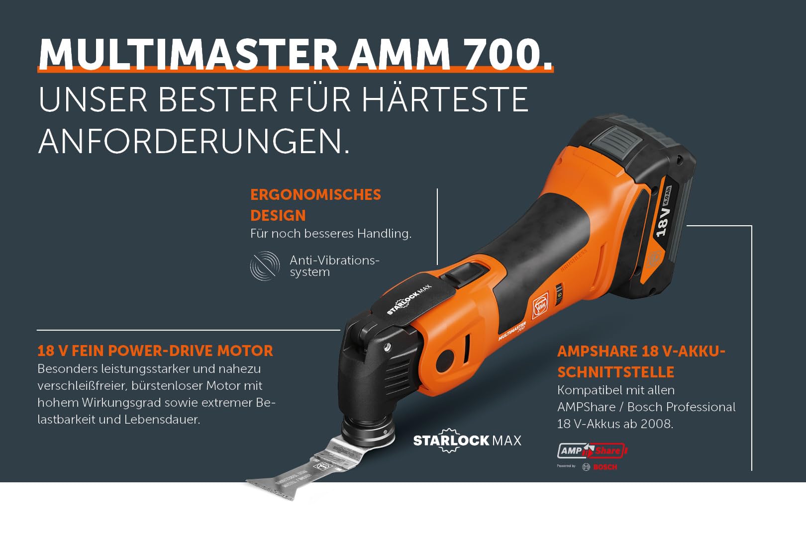 Fein Akku Multimaster AMM 700 MAX TOP AS (18 V, ohne Akku, AMPShare, StarlockMax, Multitool inkl. Zubehör-Set 60-teilig für Holz, Kunstsoff + Metall, Multifunktionswerkzeug, in L-Boxx) 71293663000