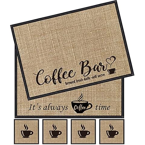 6 Pieces Coffee Bar Mat, 20 x 14 Inch Burlap Coffee Placemat and 4 Pieces Coasters Coffee Bar Accessories Decor for Coffee Machine, Coffee Bar, Coffee Station Accessories Decor Cover