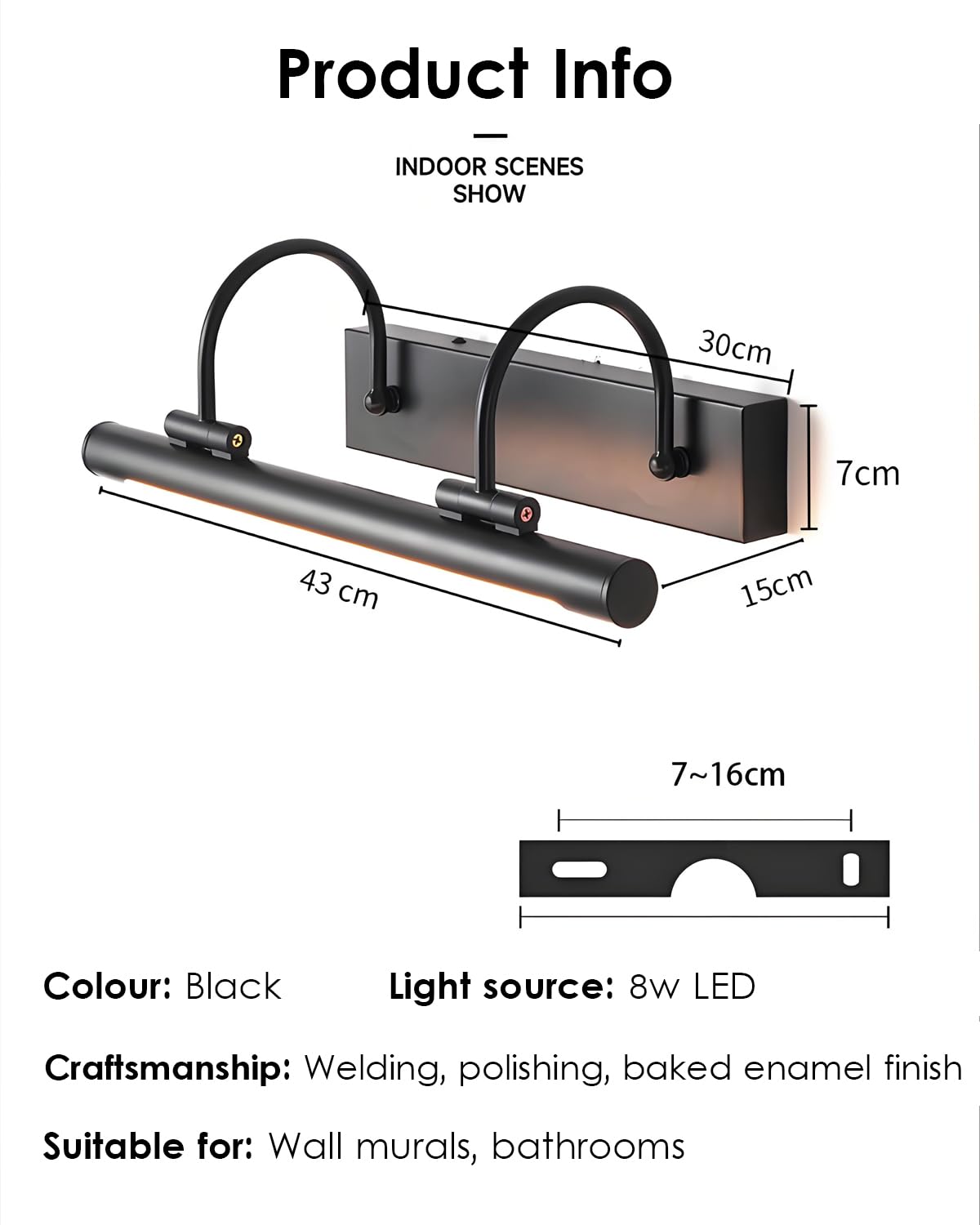 ACMHNC Bilderleuchte Schwarz - 43cm Bilderlampe Klassisch Retro - 8W LED Museumsqualität UV-Frei & 3000K - IP44 Bildbeleuchtung - Für Bilder, Spiegel, Flur, Bar, Hotel - Beleuchtung