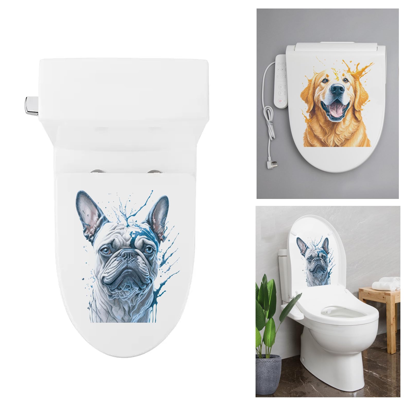 2 Sheets Funny Hand Painted Dog Toilet Cover Stickers, Removable PVC Waterproof Seat Cover Decal, Funny Dog Decorative Stickers for Bathroom, DIY Toilet Decor