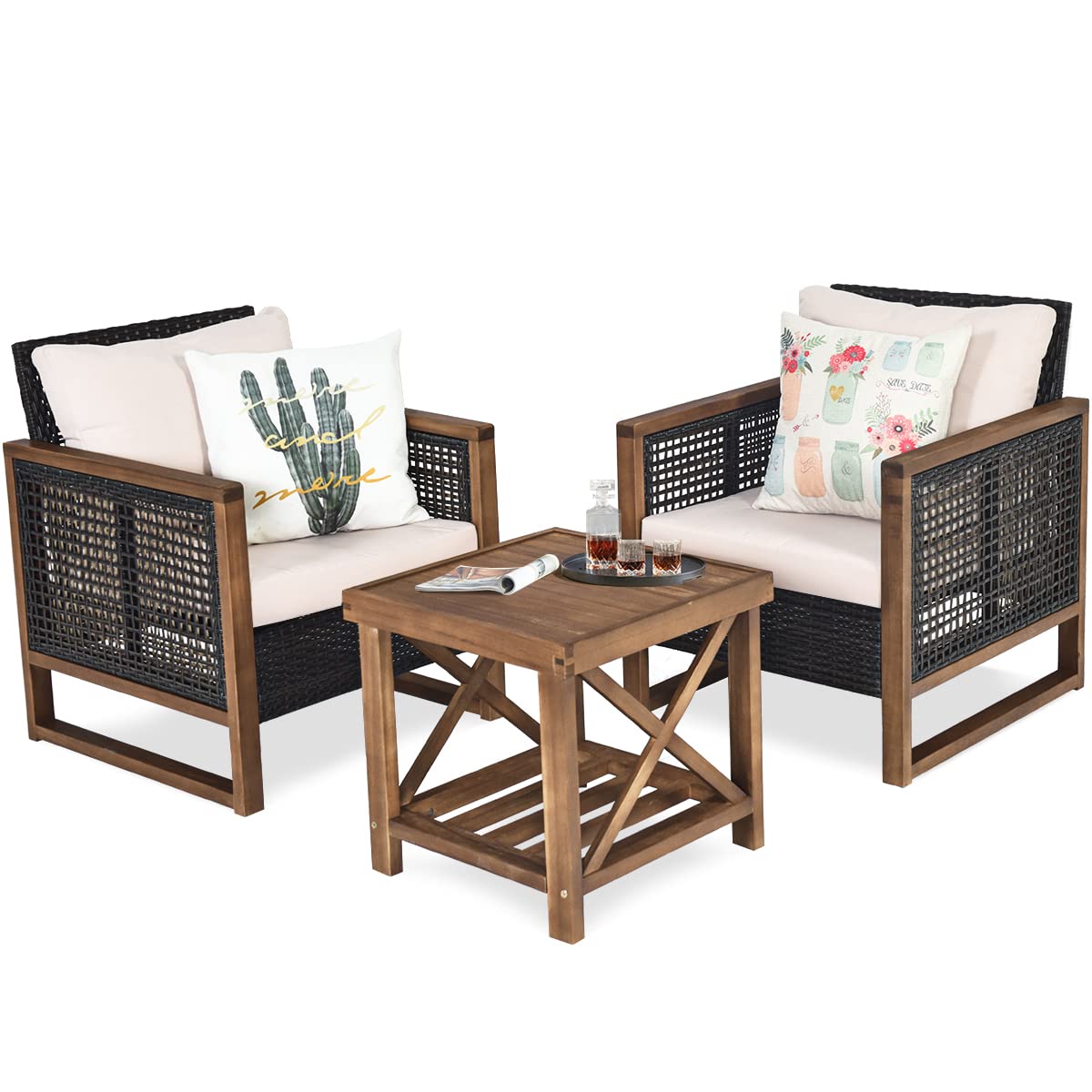 COSTWAY Ensemble de Meubles 3 Pièces de Patio en Rotin Charge 160KG (Beige)