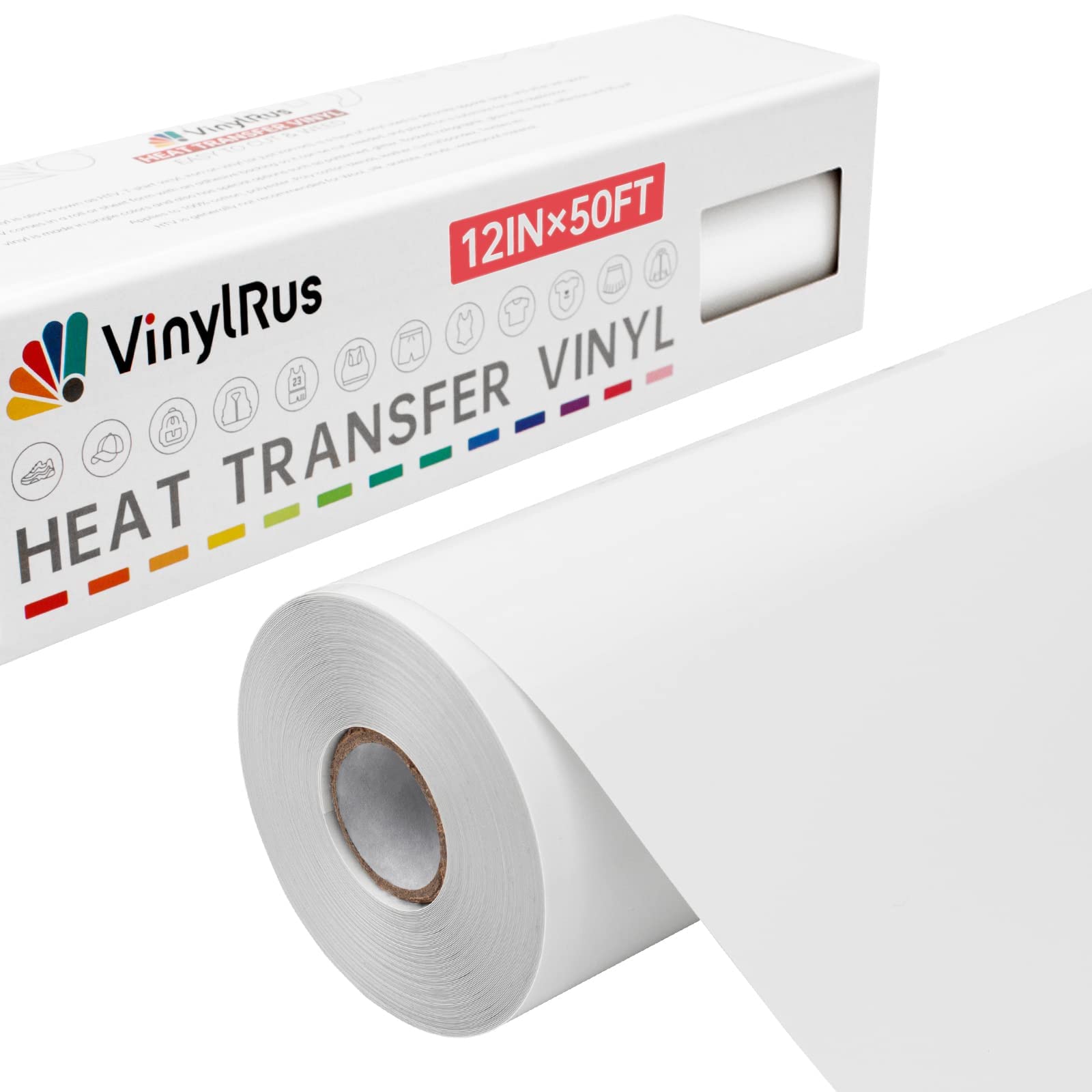 VinylRus Heat Transfer Vinyl-12” x 50ft White Iron on Vinyl Roll for Shirts, HTV Vinyl for Silhouette Cameo, Easy to Cut & Weed