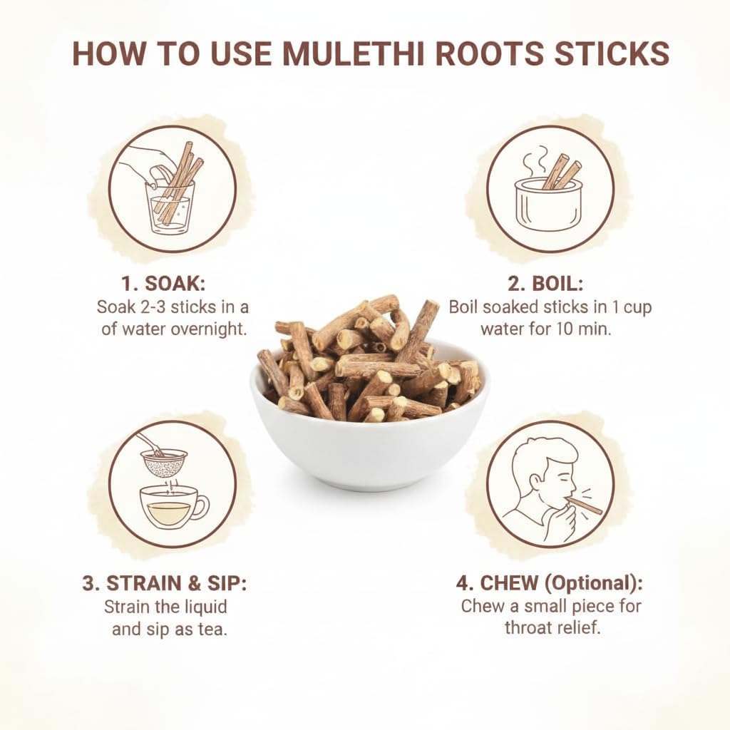 Mulethi Root Sticks 100g (Licorice Root) | Premium Natural Yashtimadhu for Cough, Digestion, Skin & Hair Care | Pure Ayurvedic Herb, Chemical Free, Ideal for Tea, Kadha & Herbal Use — Amazon image 5