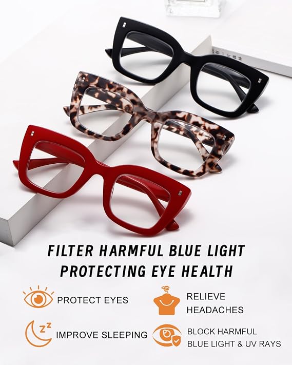 Hubeye Blue Light Blocking Reading Glasses for Women Oversized 3 Pack