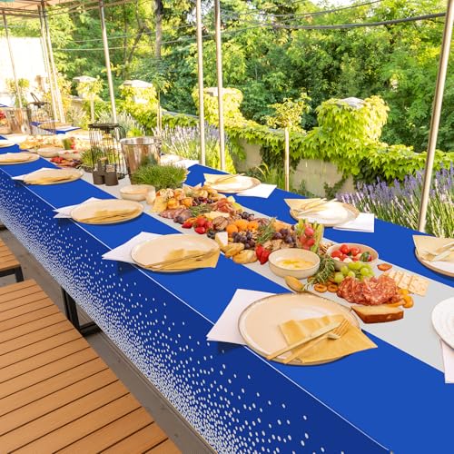 Image of 1Pcs Blue Silver Tablecloth Party Decorations,Plastic Royal Blue Table Cloth Printed Silver Table Runner Disposable Rectangle Tables Cover for Anniversary Wedding Graduation 2024 Party,54 x108 Inch