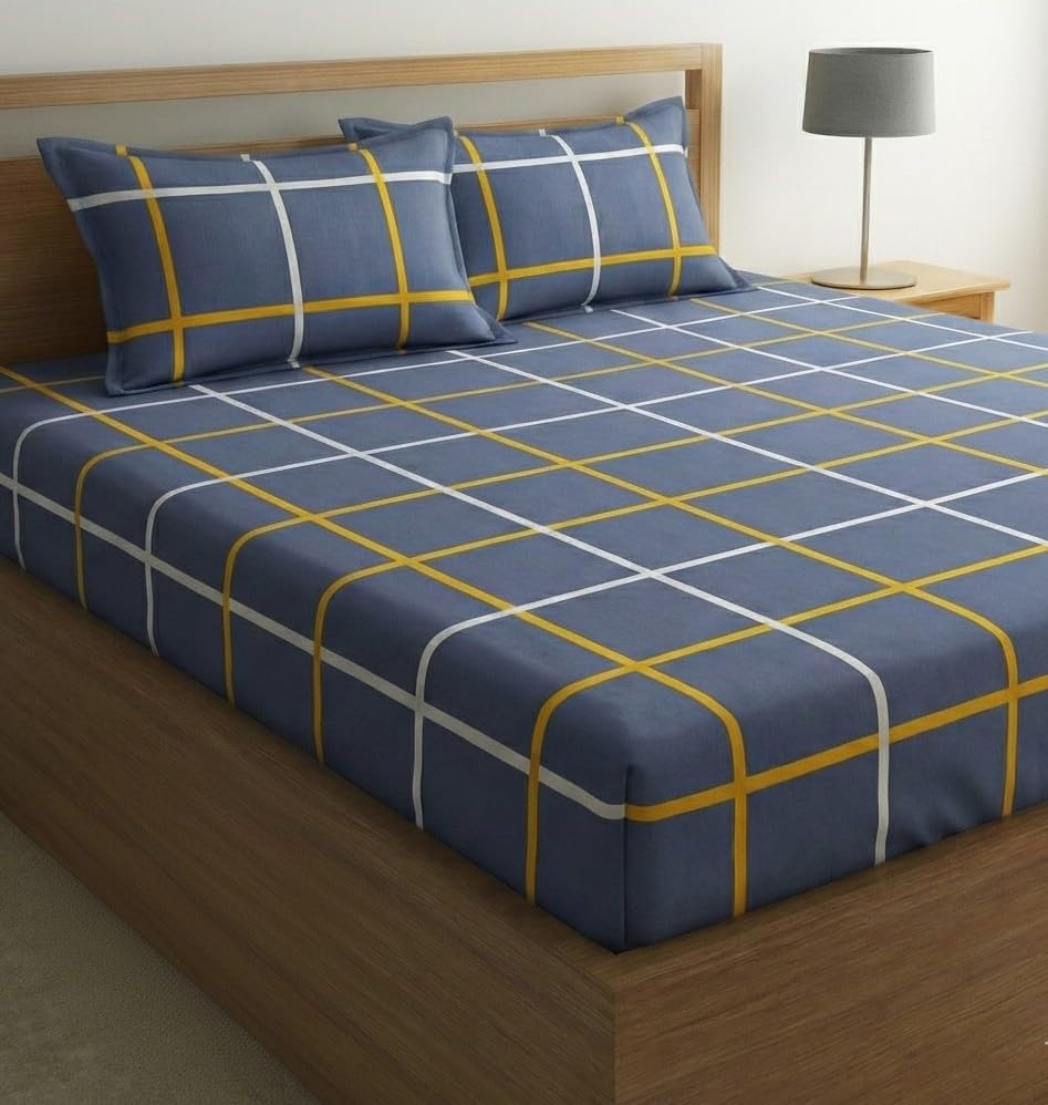 Image of Home Sizzler 210 TC Microfibre Gingham Check Double Fitted Bedsheet (72X78 inch) with 2 King Size Pillow Covers