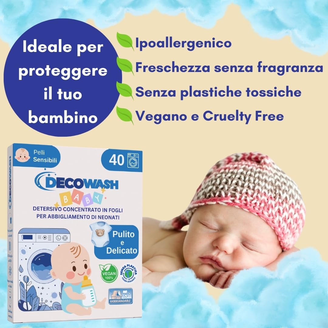 Detersivo in Fogli per Neonati (400 fogli, fino a 800 usi) - Senza Profumazione, Ipoallergenico, Biodegradabile, Vegano. Delicato su pelli sensibili, senza plastica. Confezione da 10 unità.