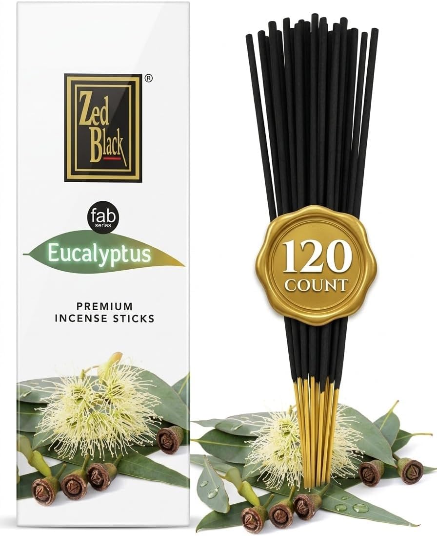Eucalyptus Incense Sticks 120 Count | Natural Hand-Rolled Air Purifying Aromatherapy Incense | Cleansing & Stress Relief | Perfect for Meditation, Relaxation, Church & Spiritual Rituals | Zed Black