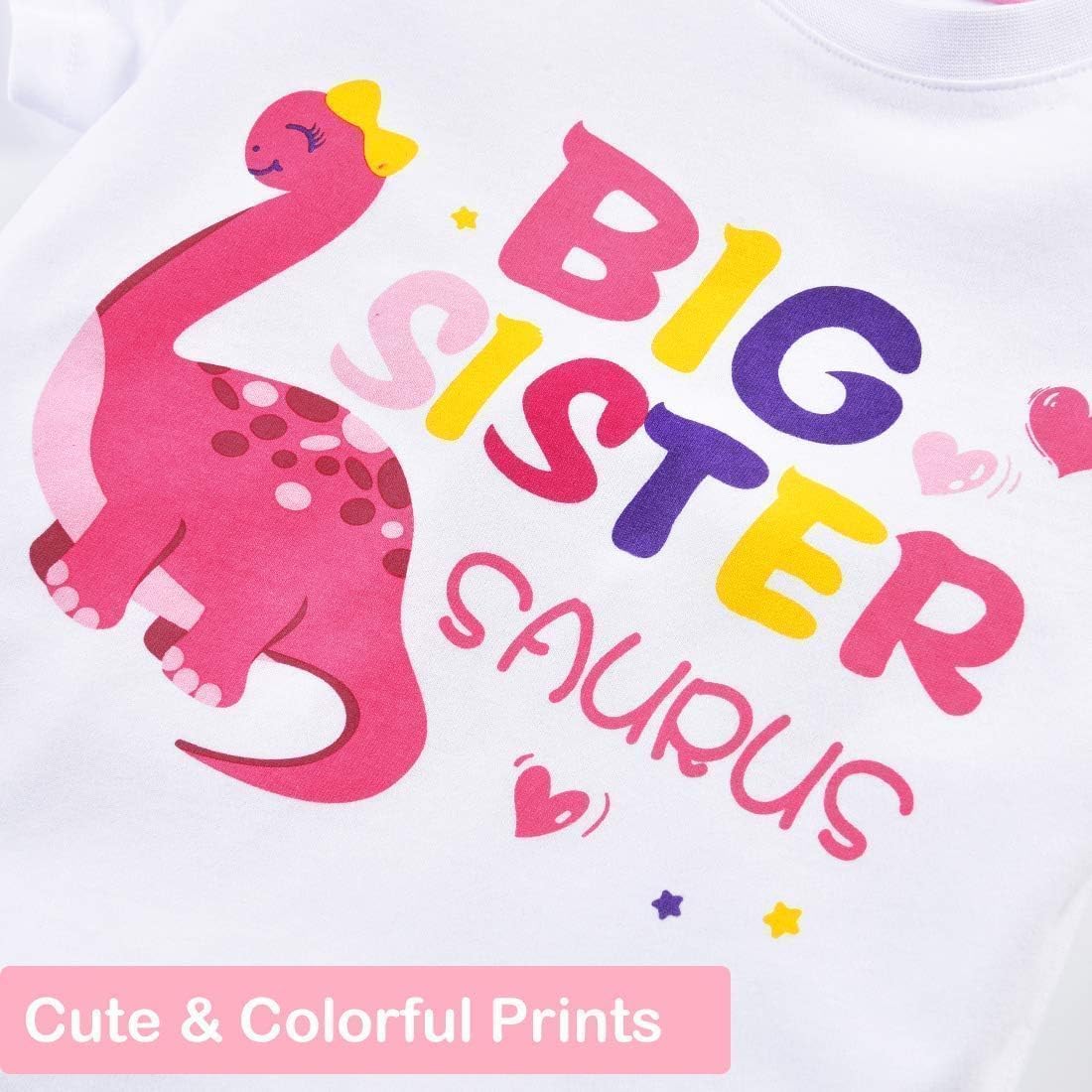 WAWSAM Girl's Dinosaur Big Sister Announcement T-Shirt, White, Short Sleeve, Crew Neck, Casual, Kid Size