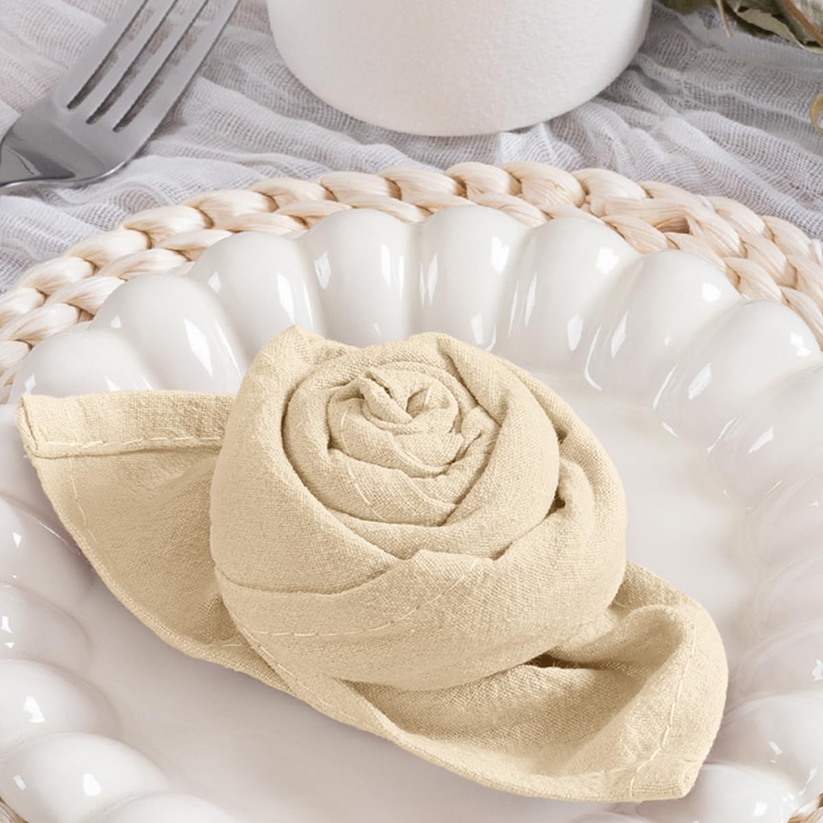 Tovaglioli Di Stoffa Fatti A Mano Con Frange – 4 Pezzi, Cotone E Lino, 43x43 Cm, Beige, Per Matrimoni E Uso Quotidiano