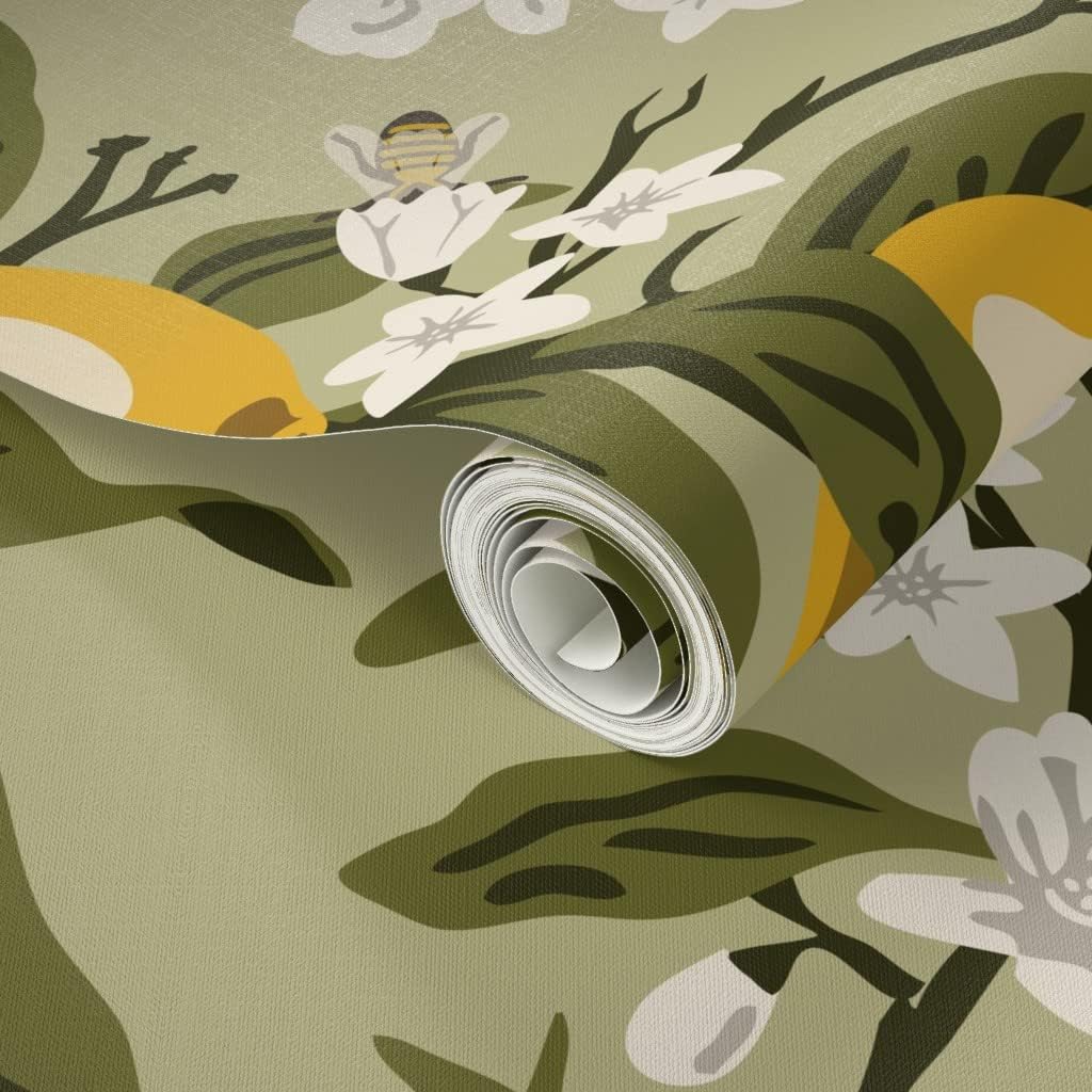 Peel & Stick Wallpaper 3ft x 2ft - Bees Lemons Green Large Leaves Colored Corrected 21 Nature Citrus Traditional Custom Removable Wallpaper by Spoonflower