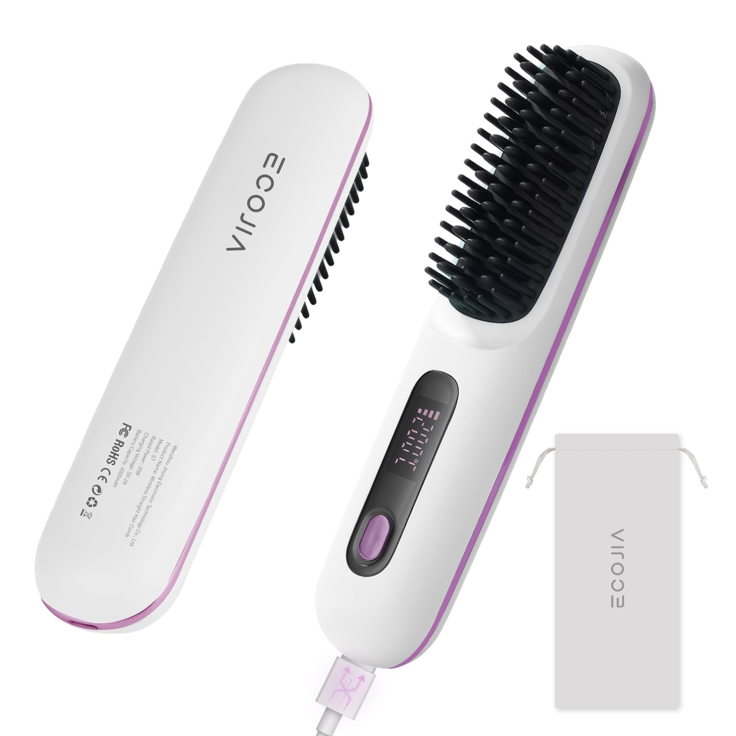 ECOJIA Cordless Hair Straightener Brush,5200mAh Travel Mini