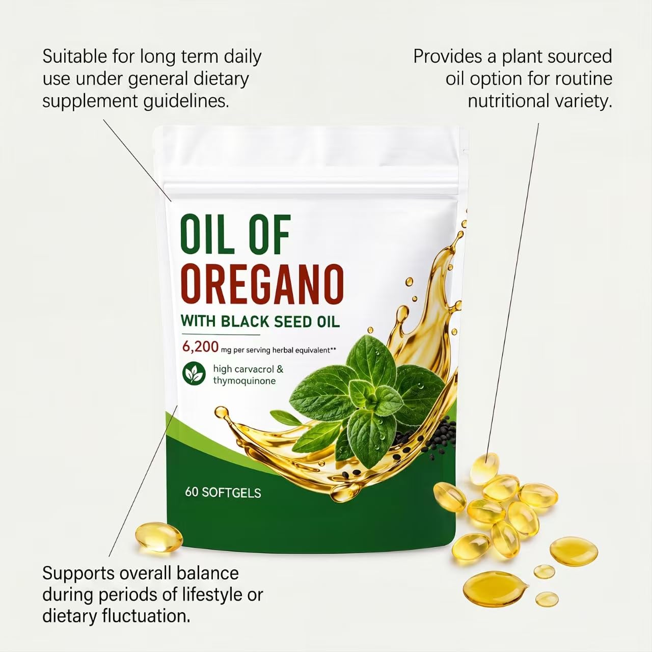 Aceite de orégano con aceite de semilla negra 6200 mg, apoyo digestivo